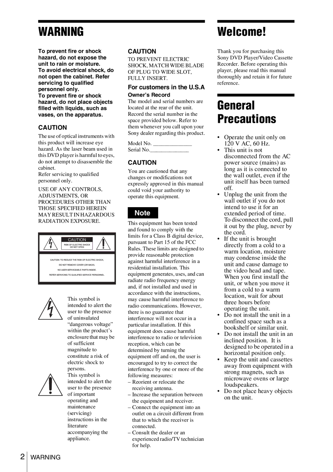 Sony SLV-D360P, SLV-D560P operating instructions For customers in the U.S.A, Owner’s Record 