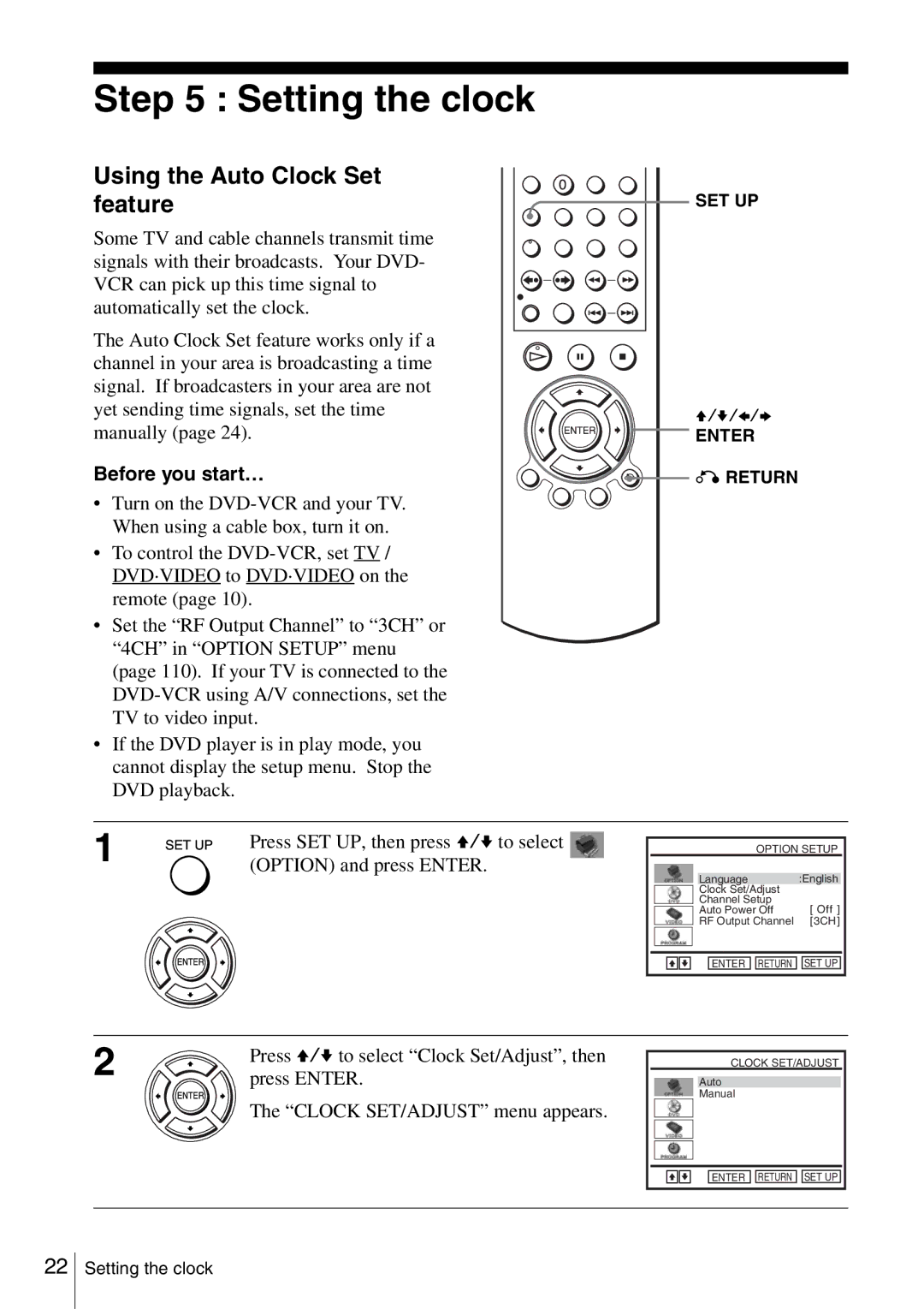 Sony SLV-D360P, SLV-D560P Setting the clock, Using the Auto Clock Set feature, Press V/v to select Clock Set/Adjust, then 