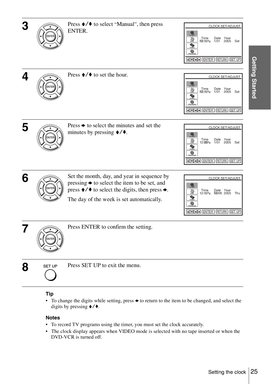 Sony SLV-D560P, SLV-D360P Set the month, day, and year in sequence by, Day of the week is set automatically, Tip 