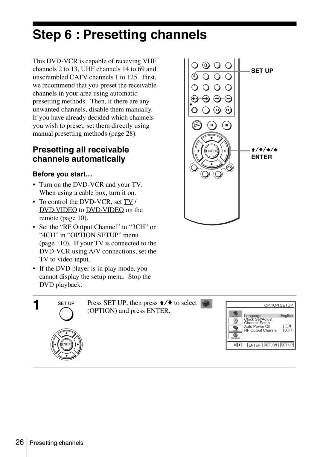 Sony SLV-D360P, SLV-D560P Presetting channels, Press SET UP, then press V/v to select, Option and press Enter 