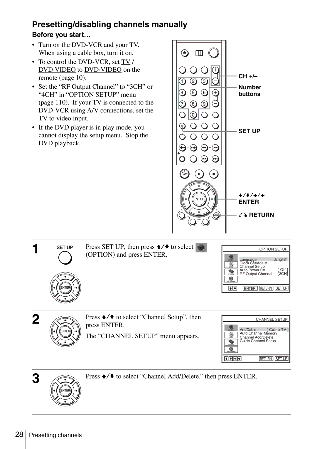 Sony SLV-D360P, SLV-D560P Presetting/disabling channels manually, Press V/v to select Channel Add/Delete, then press Enter 