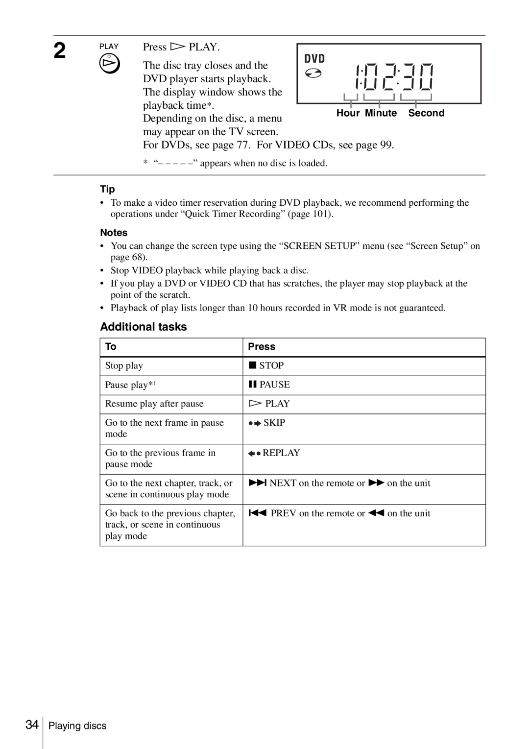 Sony SLV-D360P, SLV-D560P operating instructions Depending on the disc, a menu, Additional tasks, Hour Minute Second, Press 