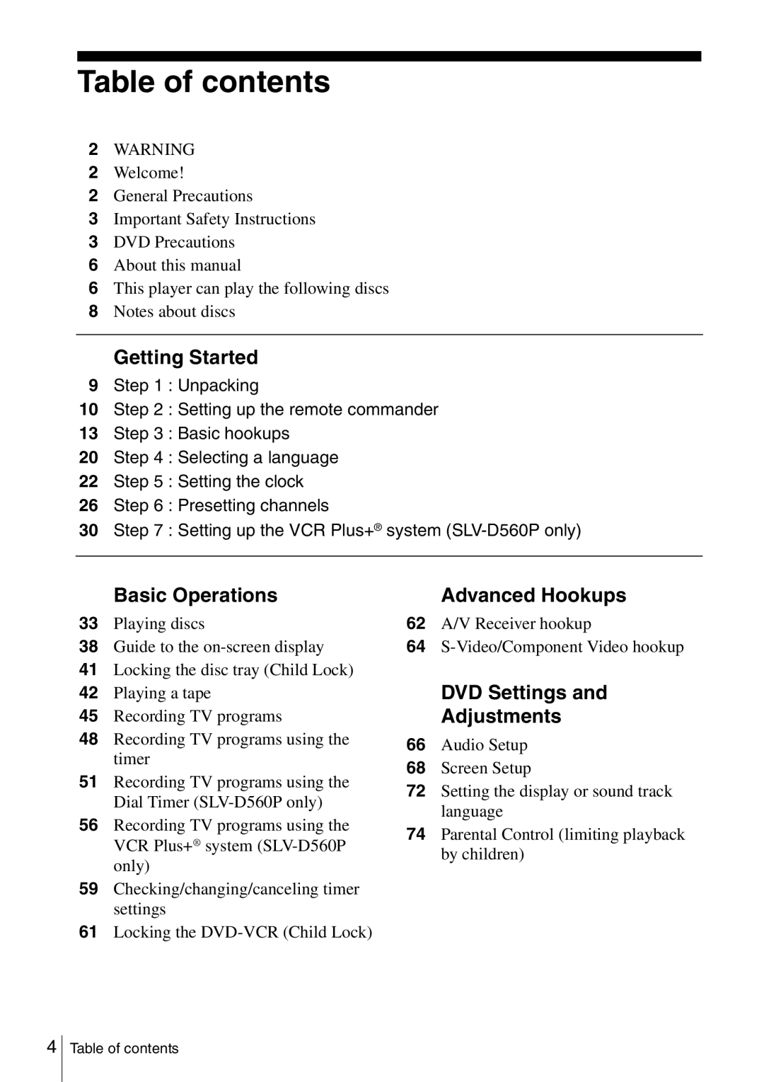 Sony SLV-D360P, SLV-D560P operating instructions Table of contents 