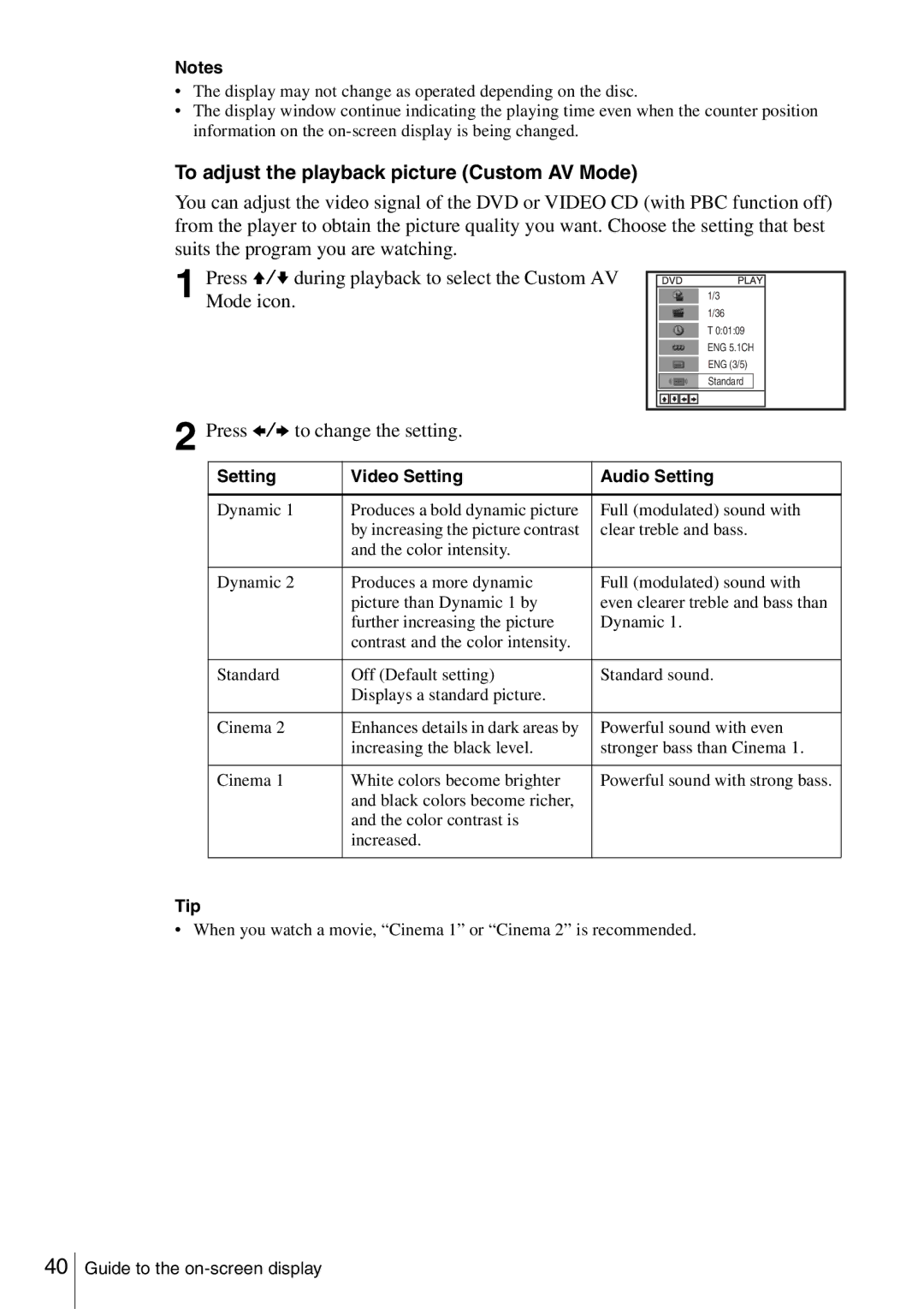 Sony SLV-D360P, SLV-D560P To adjust the playback picture Custom AV Mode, Press B/b to change the setting 