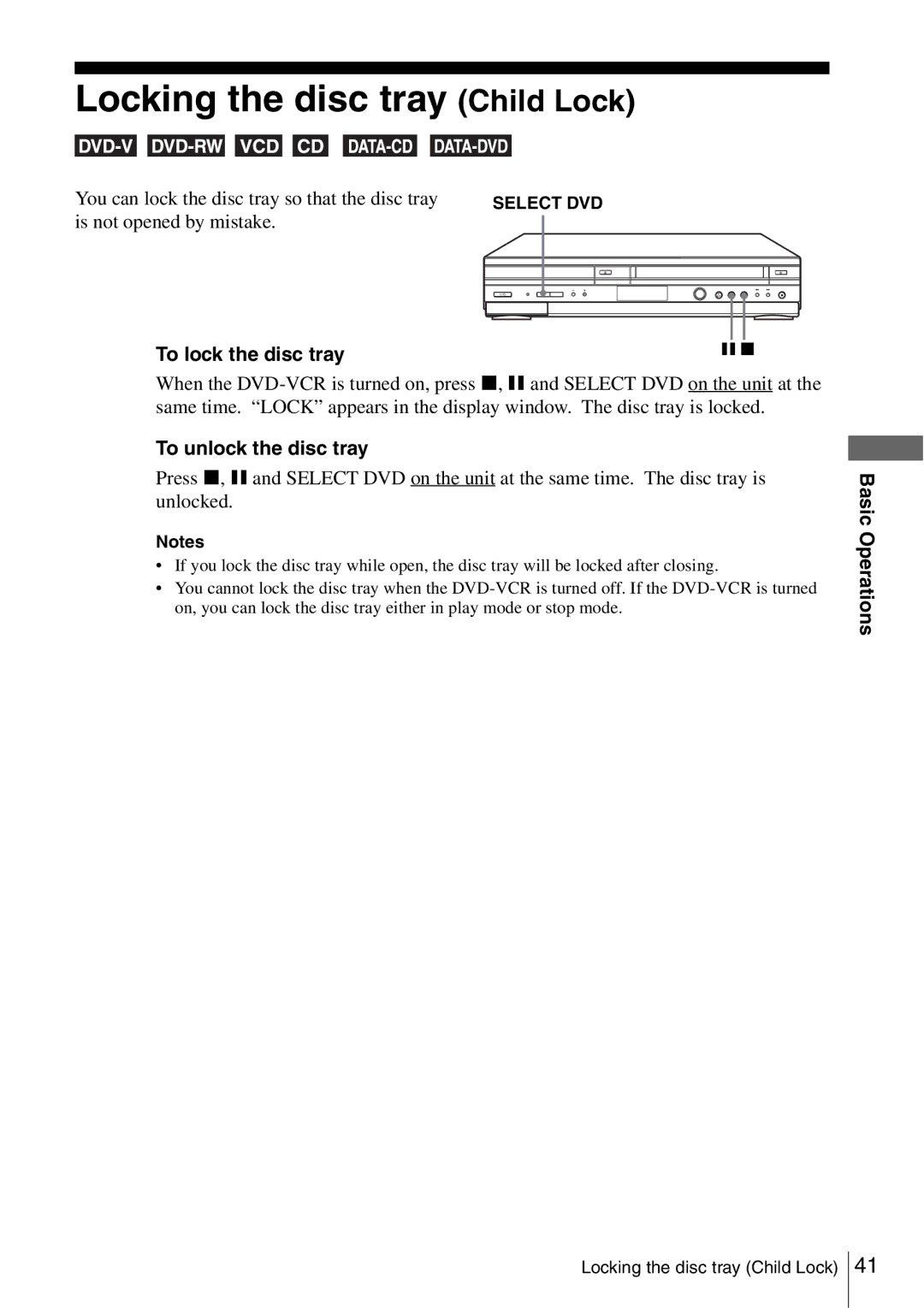 Sony SLV-D560P Locking the disc tray Child Lock, You can lock the disc tray so that the disc tray, To lock the disc tray 