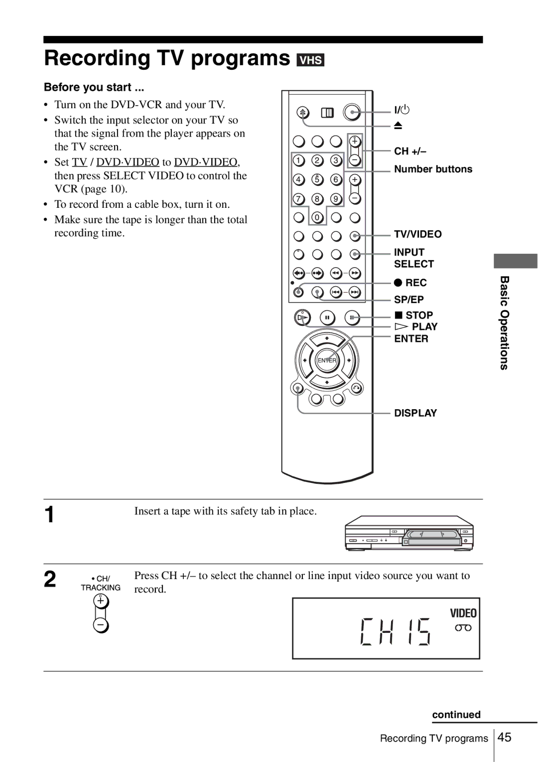 Sony SLV-D560P, SLV-D360P operating instructions Recording TV programs, REC Basic, Stop Operations 