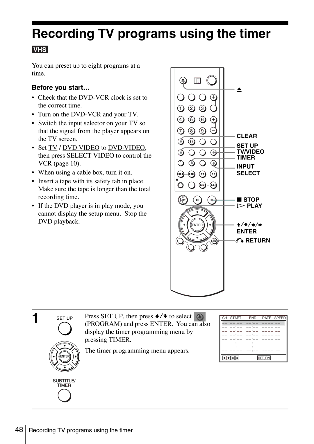 Sony SLV-D360P, SLV-D560P Recording TV programs using the timer, You can preset up to eight programs at a time, Stop 