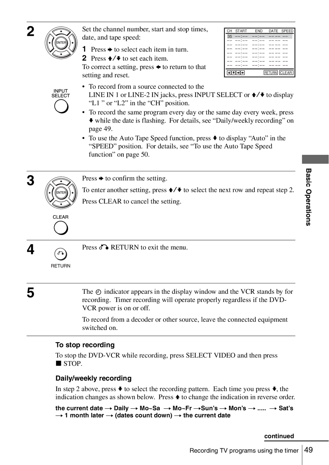 Sony SLV-D560P, SLV-D360P operating instructions Press Clear to cancel the setting, Daily/weekly recording 