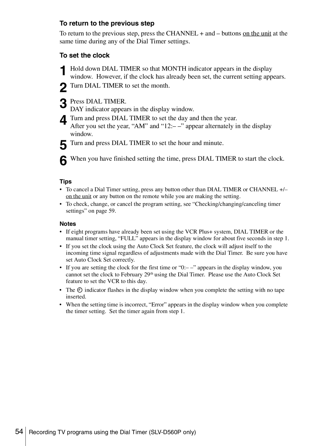 Sony SLV-D360P, SLV-D560P operating instructions To return to the previous step, To set the clock 