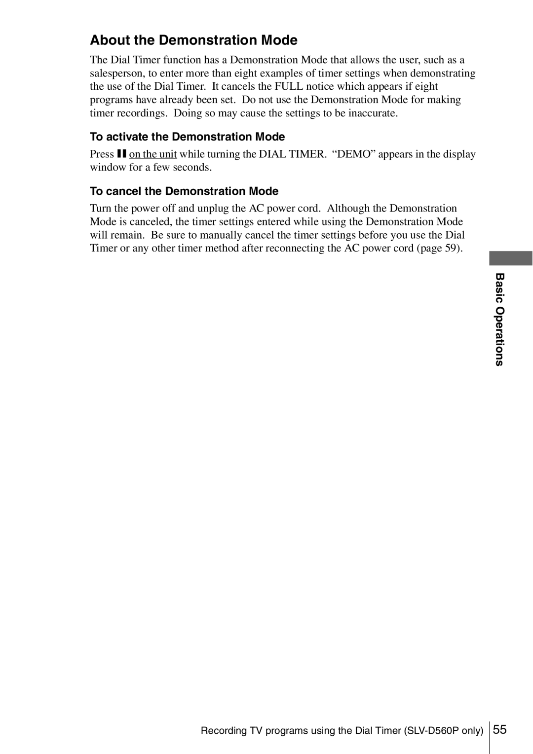 Sony SLV-D560P About the Demonstration Mode, To activate the Demonstration Mode, To cancel the Demonstration Mode 