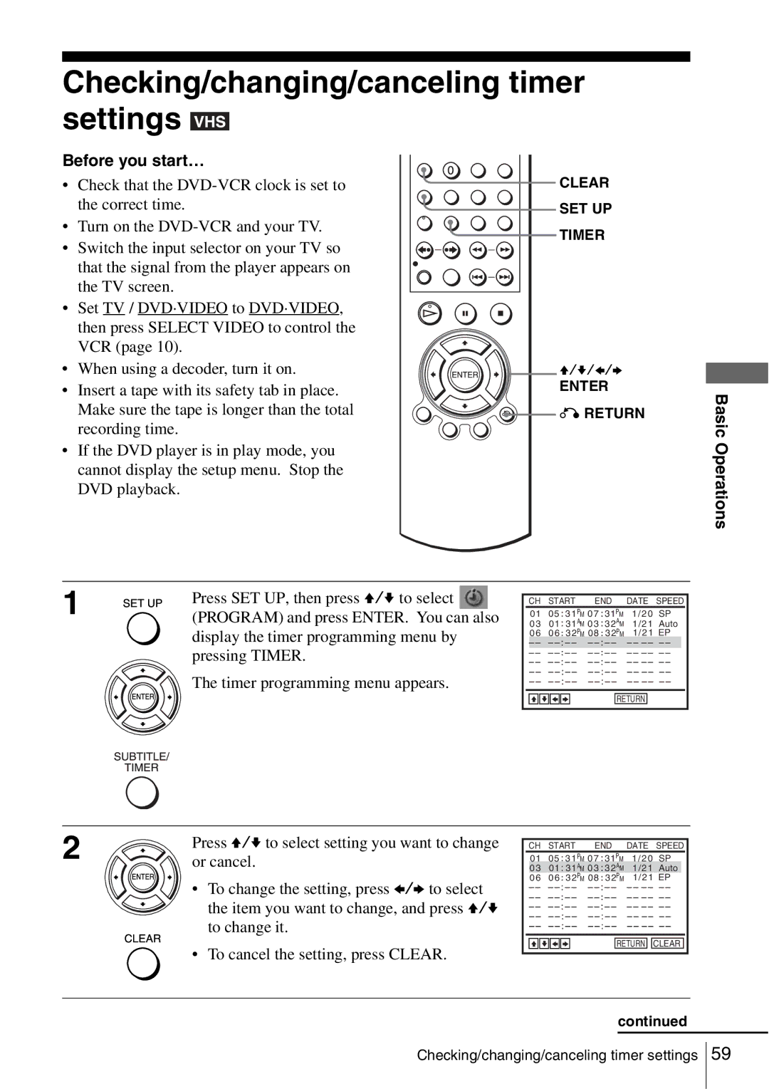 Sony SLV-D560P Checking/changing/canceling timer settings, Press V/v to select setting you want to change, Or cancel 