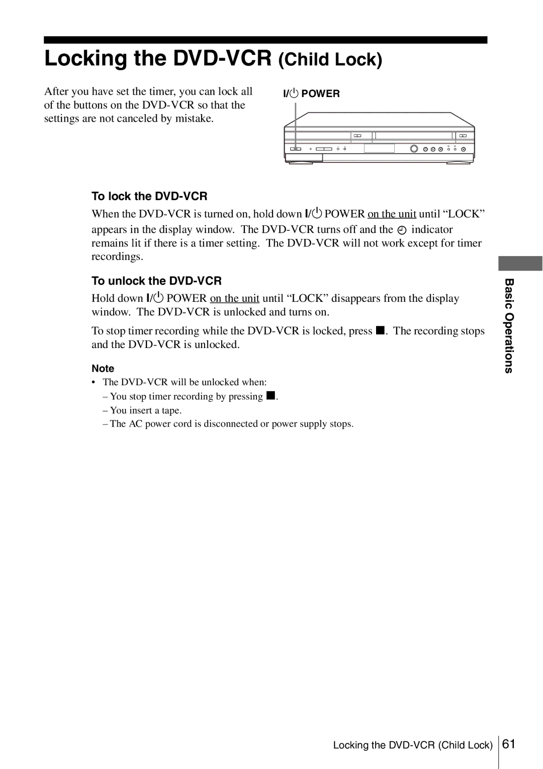 Sony SLV-D560P, SLV-D360P operating instructions Locking the DVD-VCR Child Lock, To lock the DVD-VCR, To unlock the DVD-VCR 