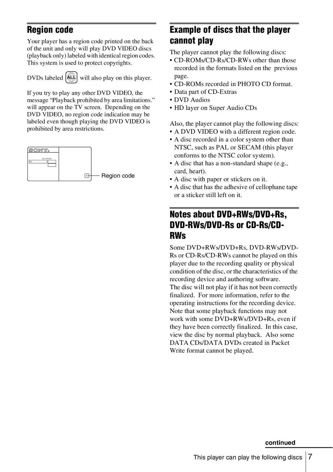 Sony SLV-D560P, SLV-D360P operating instructions Region code, Example of discs that the player cannot play 