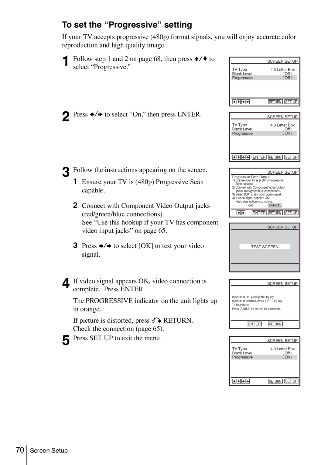 Sony SLV-D360P, SLV-D560P operating instructions To set the Progressive setting, Screen Setup 