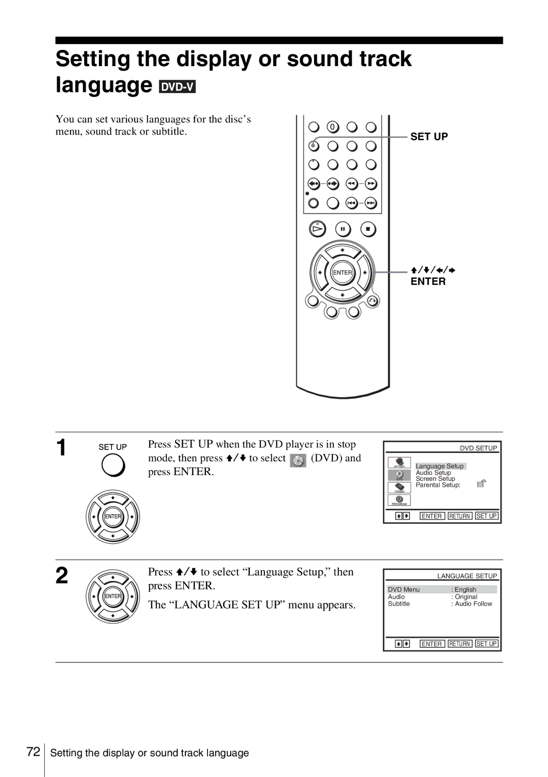 Sony SLV-D360P, SLV-D560P operating instructions Setting the display or sound track language, Language SET UP menu appears 