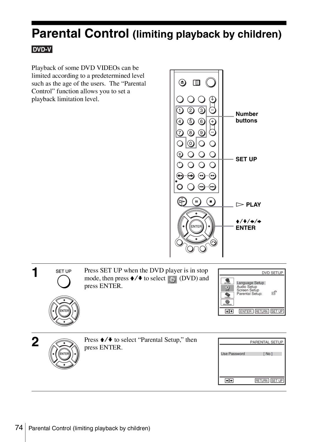 Sony SLV-D360P, SLV-D560P operating instructions Press V/v to select Parental Setup, then, Play 