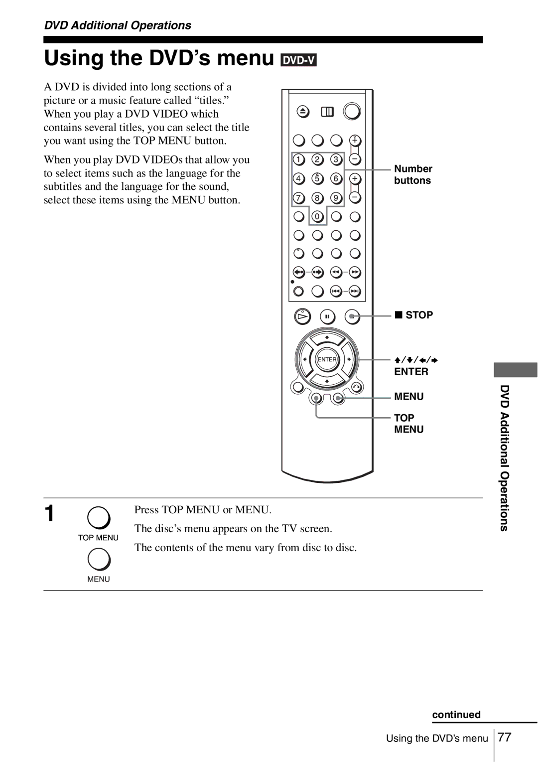 Sony SLV-D560P Using the DVD’s menu, To select items such as the language for, Subtitles and the language for the sound 