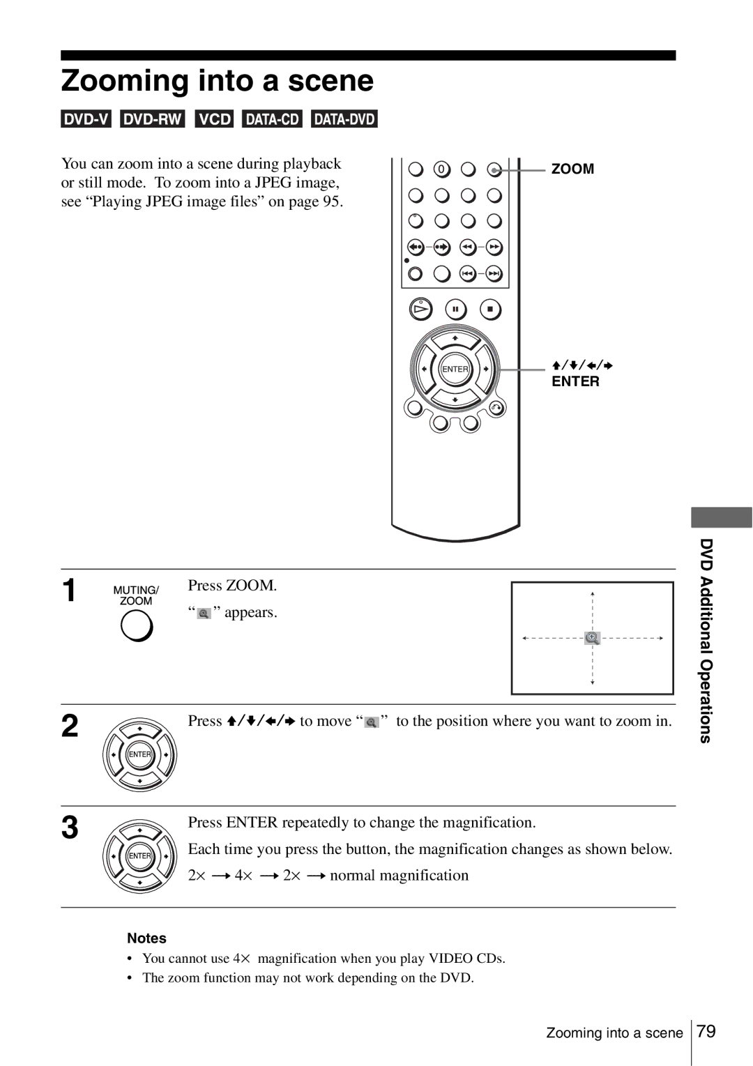 Sony SLV-D560P Zooming into a scene, You can zoom into a scene during playback, Or still mode. To zoom into a Jpeg image 