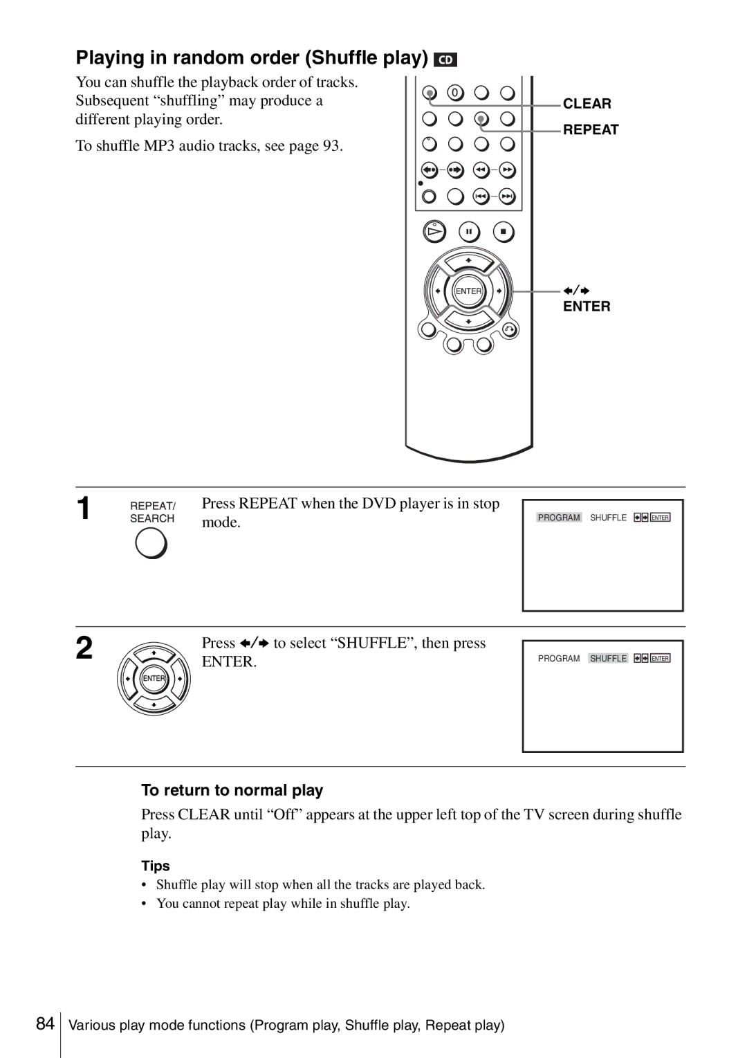 Sony SLV-D360P Playing in random order Shuffle play, Press B/b to select SHUFFLE, then press, To return to normal play 