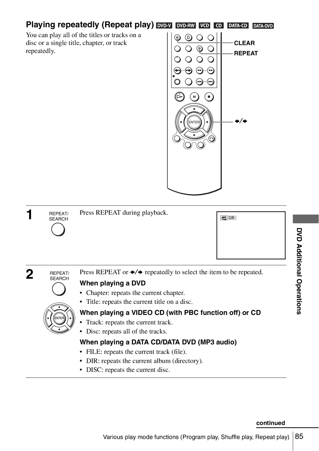 Sony SLV-D560P Press Repeat during playback, Additional, When playing a DVD, When playing a Data CD/DATA DVD MP3 audio 