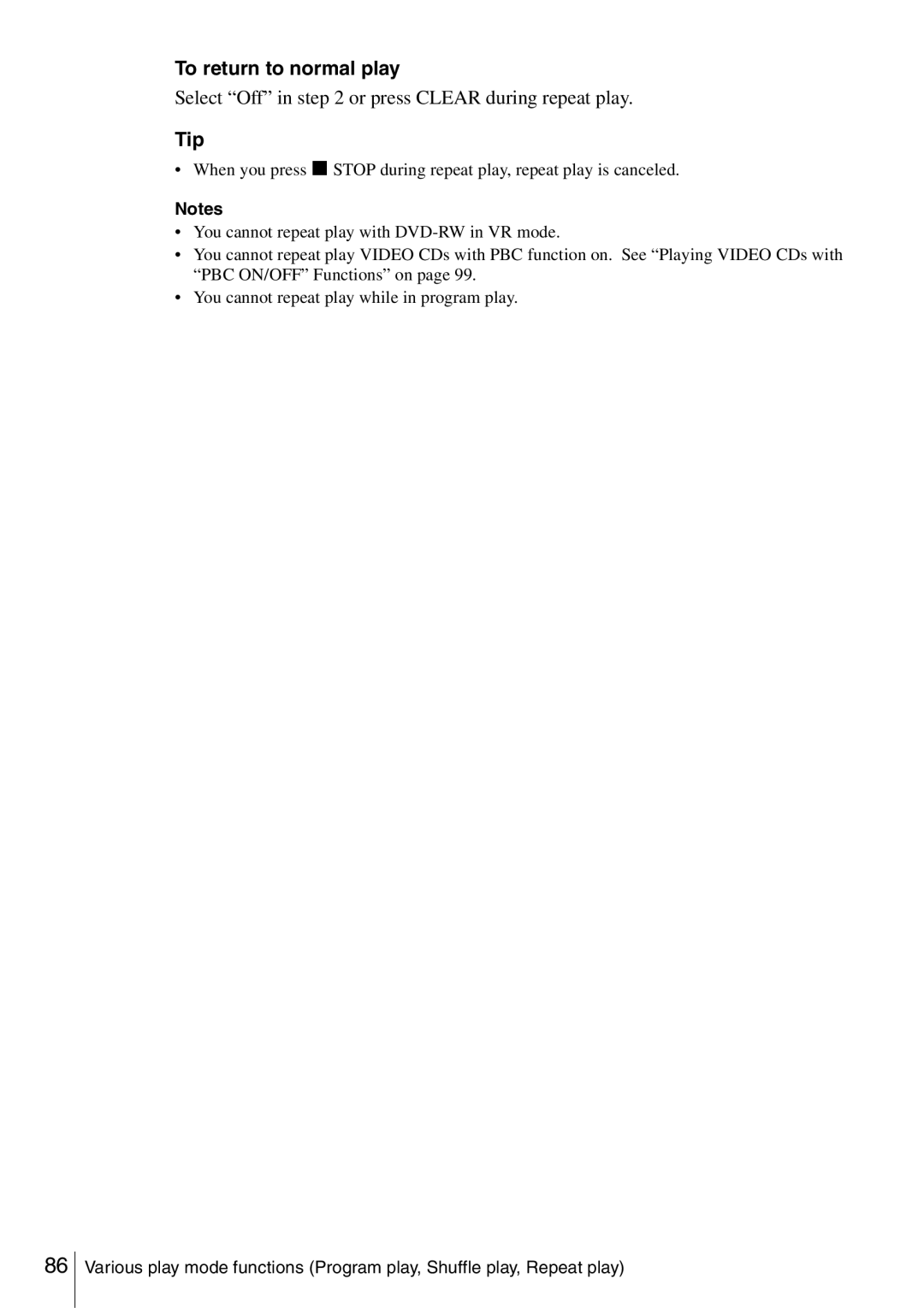 Sony SLV-D360P, SLV-D560P operating instructions Select Off in or press Clear during repeat play, Tip 