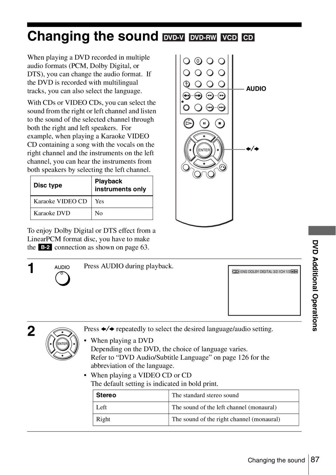 Sony SLV-D560P, SLV-D360P operating instructions Changing the sound, Disc type Playback Instruments only, Stereo 