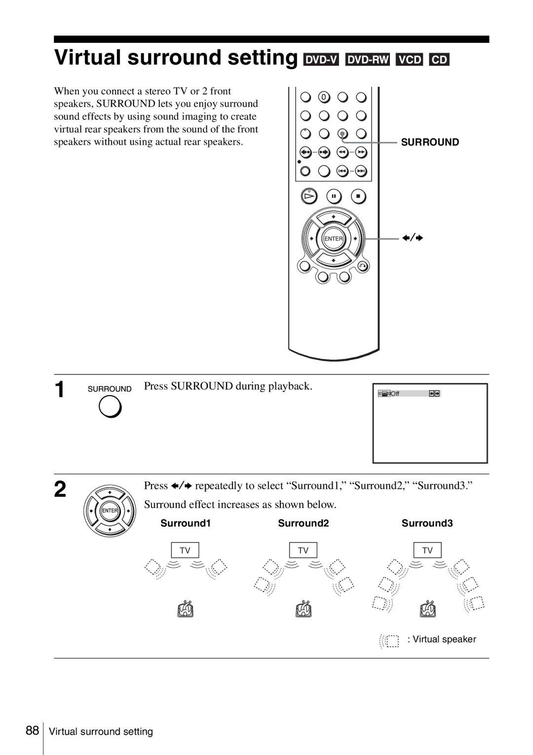 Sony SLV-D360P, SLV-D560P operating instructions Virtual surround setting, Surround1 Surround2 Surround3 