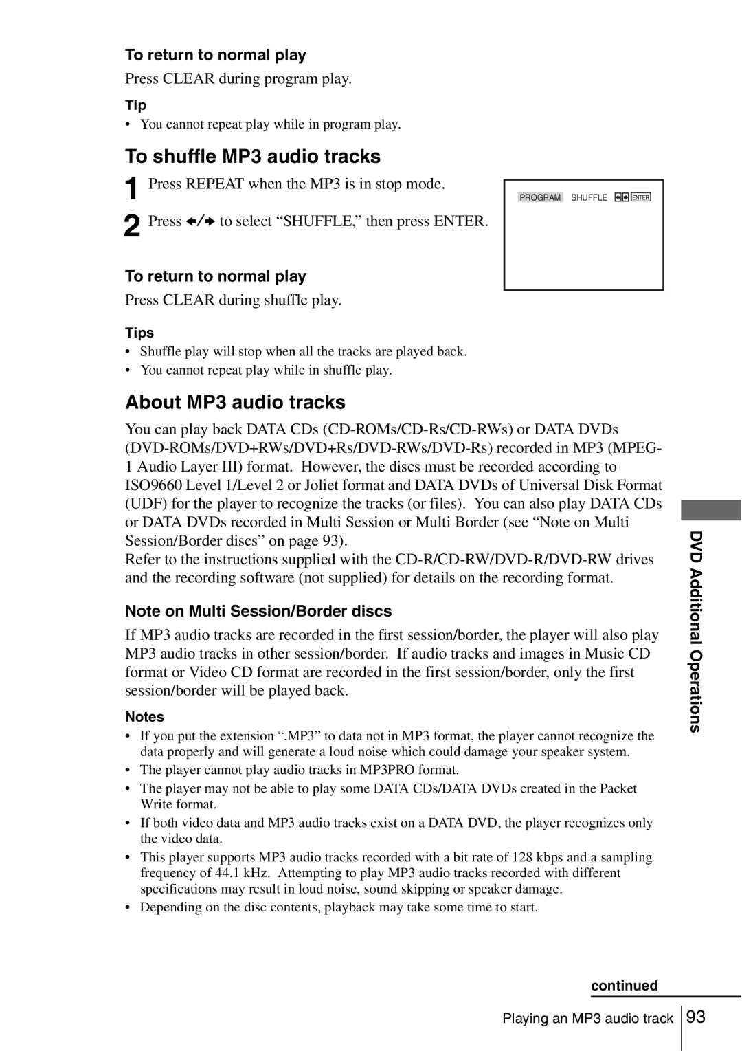 Sony SLV-D560P, SLV-D360P To shuffle MP3 audio tracks, About MP3 audio tracks, Press Clear during program play 