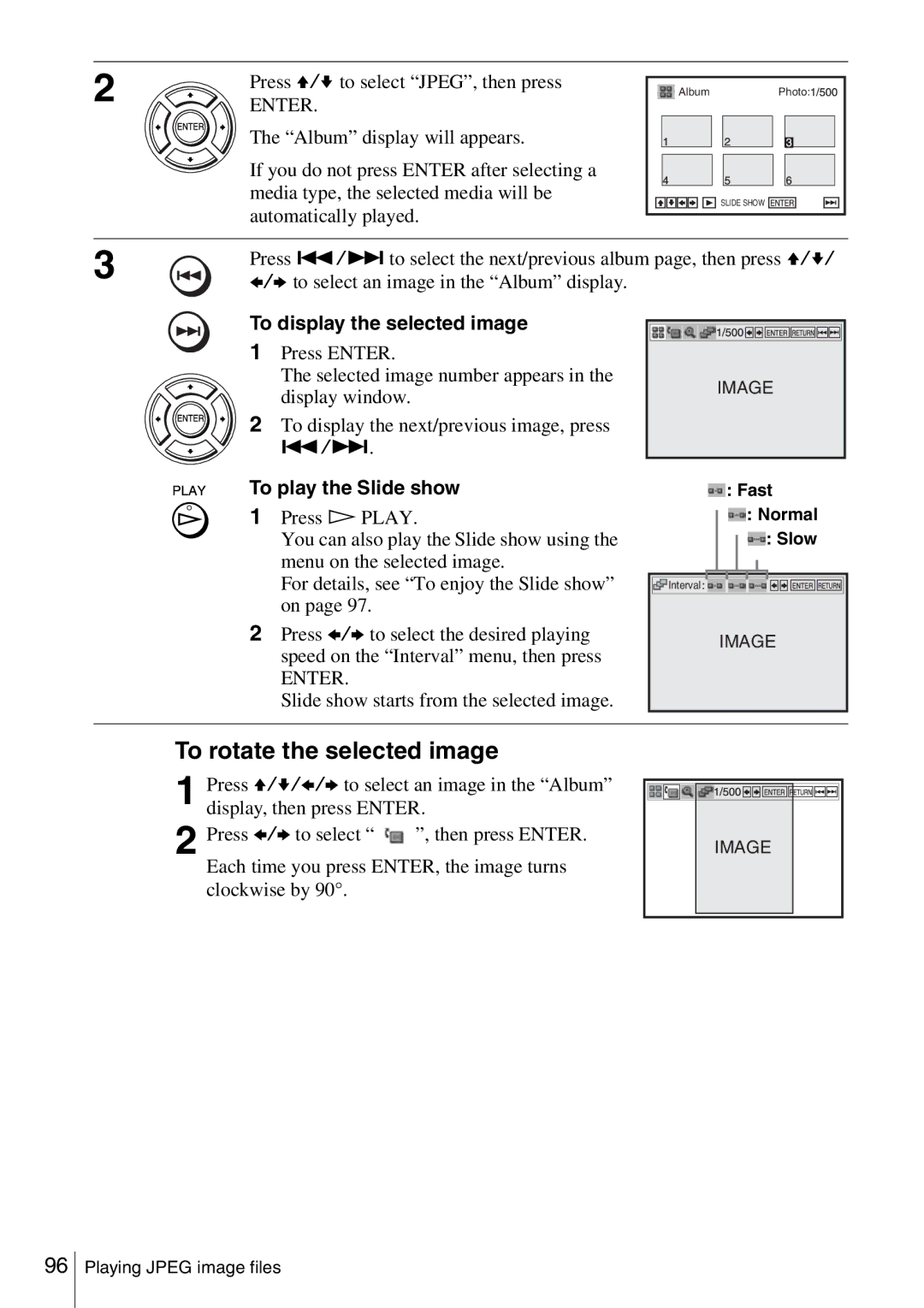 Sony SLV-D360P To rotate the selected image, Press V/v to select JPEG, then press, To display the selected image 