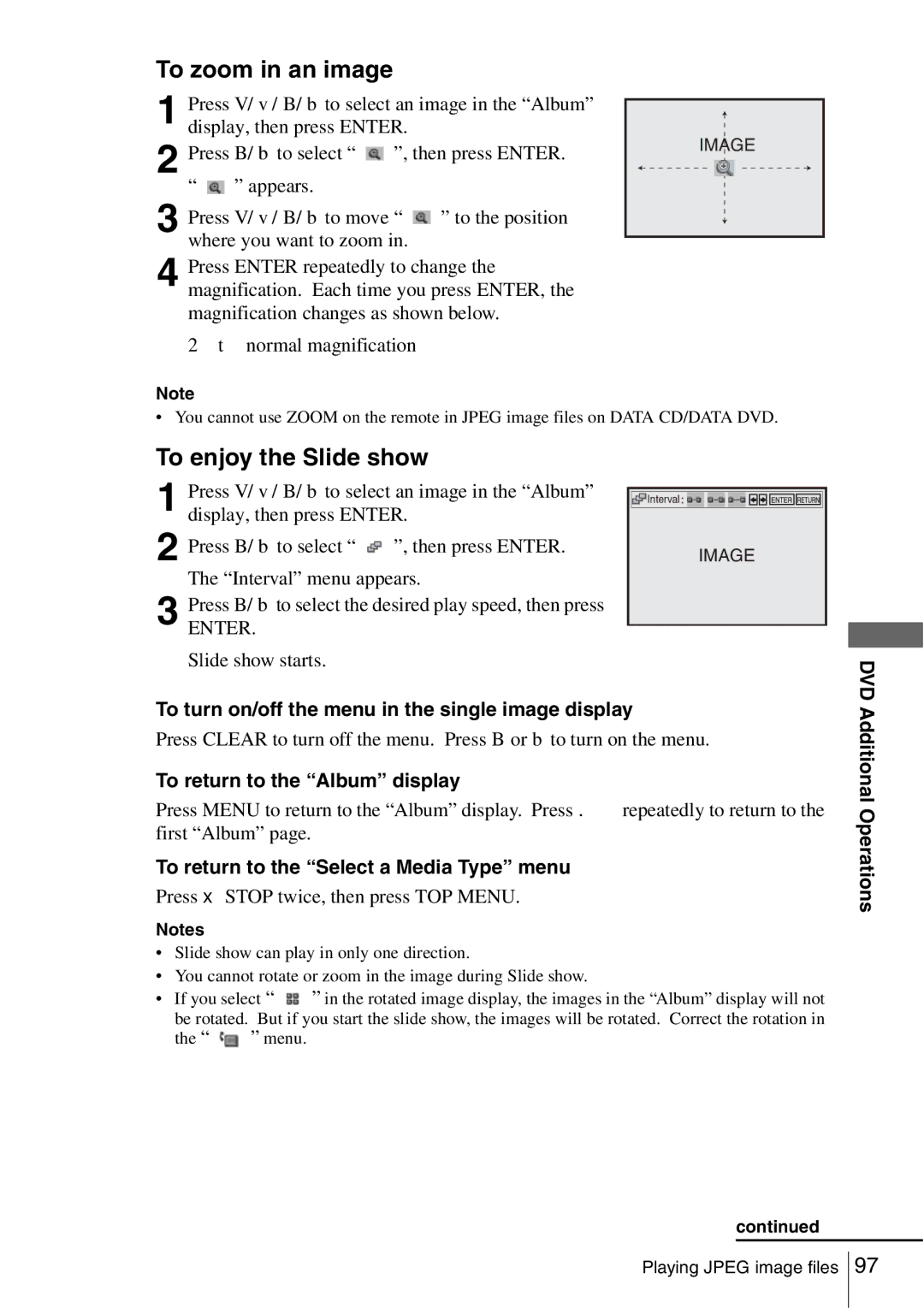 Sony SLV-D560P To zoom in an image, To enjoy the Slide show, To turn on/off the menu in the single image display 