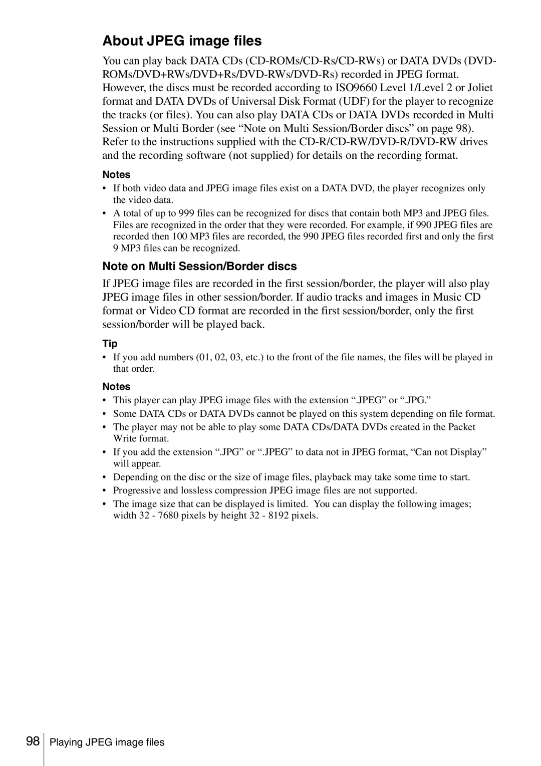 Sony SLV-D360P, SLV-D560P operating instructions About Jpeg image files, Tip 