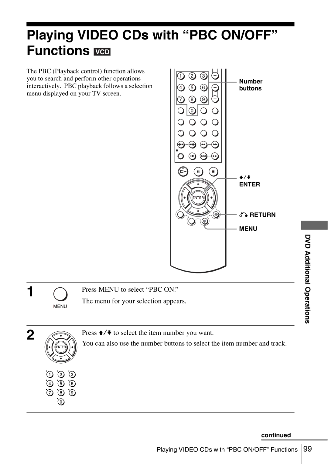 Sony SLV-D560P, SLV-D360P operating instructions Playing Video CDs with PBC ON/OFF Functions, Press Menu to select PBC on 