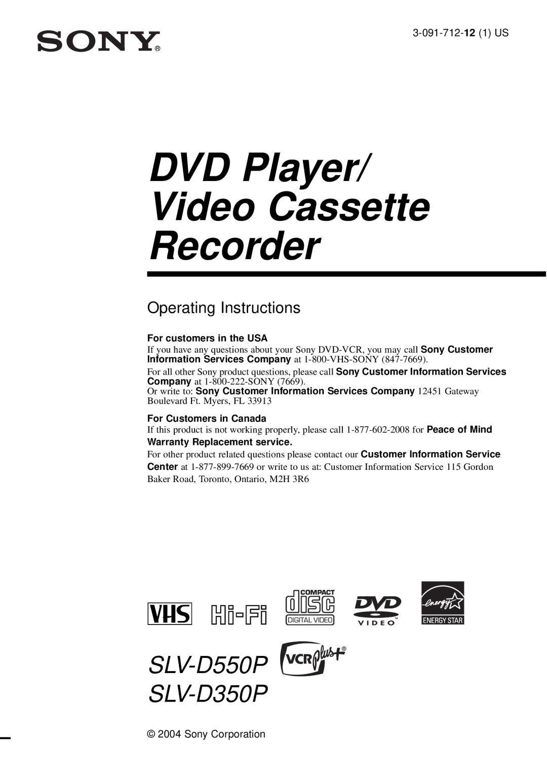 Sony D350P, SLV-D550P operating instructions DVD Player Video Cassette Recorder 