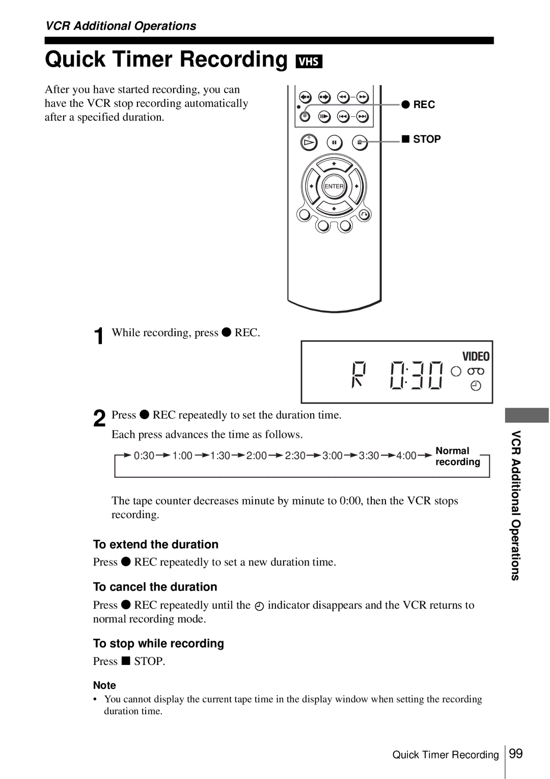 Sony SLV-D550P, D350P Quick Timer Recording, To extend the duration, To cancel the duration, To stop while recording 