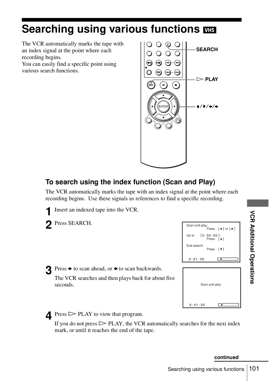 Sony SLV-D550P, D350P Searching using various functions, To search using the index function Scan and Play, VCR Additional 