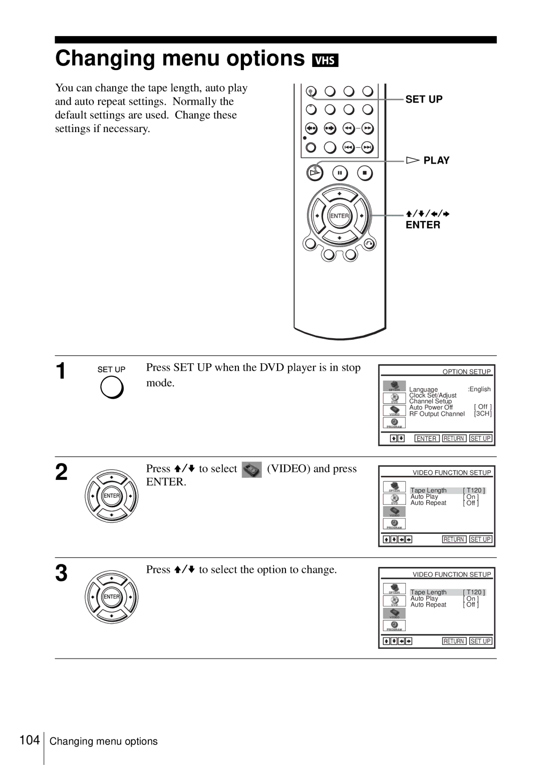 Sony D350P, SLV-D550P operating instructions Changing menu options, Press SET UP when the DVD player is in stop mode 