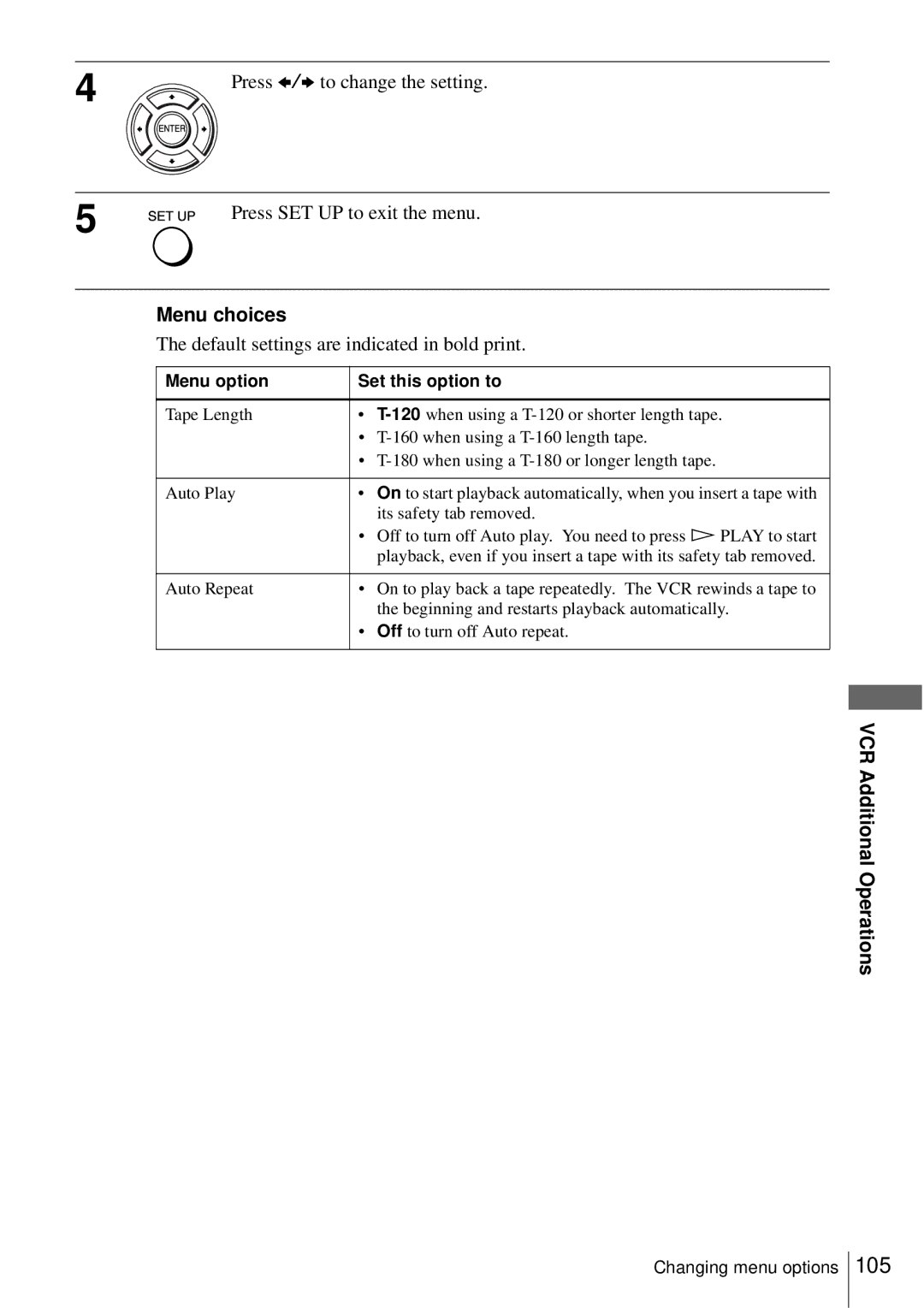 Sony SLV-D550P, D350P operating instructions Default settings are indicated in bold print, Menu option Set this option to 