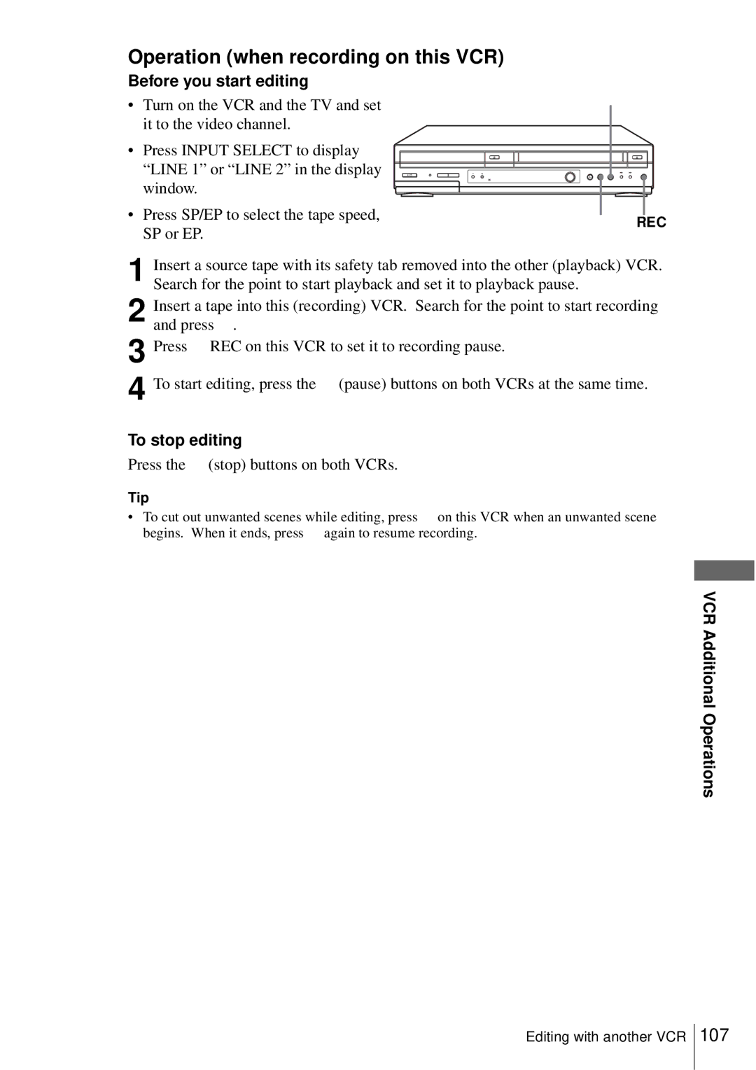 Sony SLV-D550P, D350P Operation when recording on this VCR, Before you start editing, SP or EP, To stop editing 