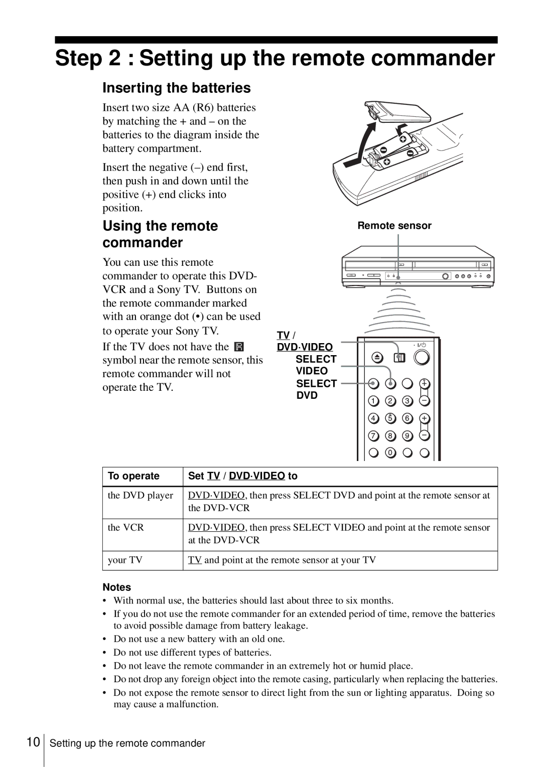 Sony D350P, SLV-D550P Setting up the remote commander, Inserting the batteries, Using the remote commander 