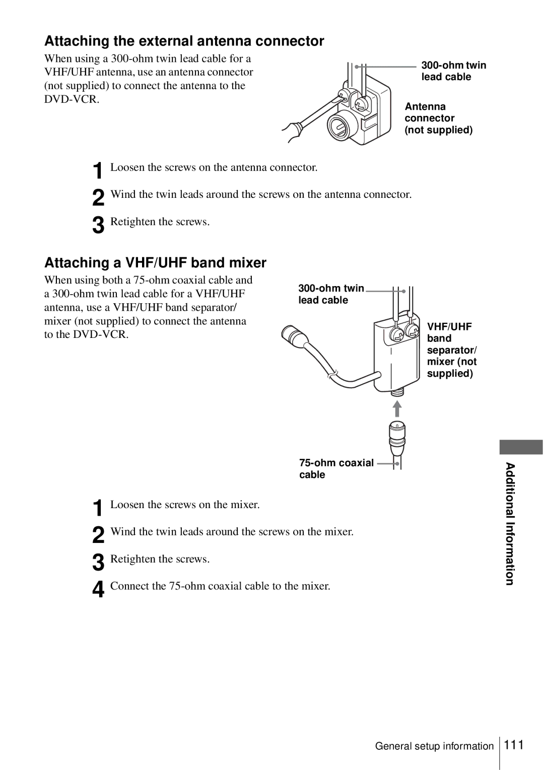 Sony SLV-D550P Attaching the external antenna connector, Attaching a VHF/UHF band mixer, Information, Ohm twin lead cable 