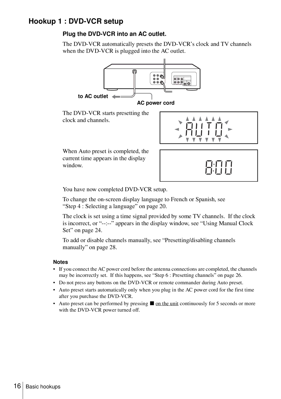 Sony D350P, SLV-D550P Hookup 1 DVD-VCR setup, Plug the DVD-VCR into an AC outlet, To AC outlet AC power cord 