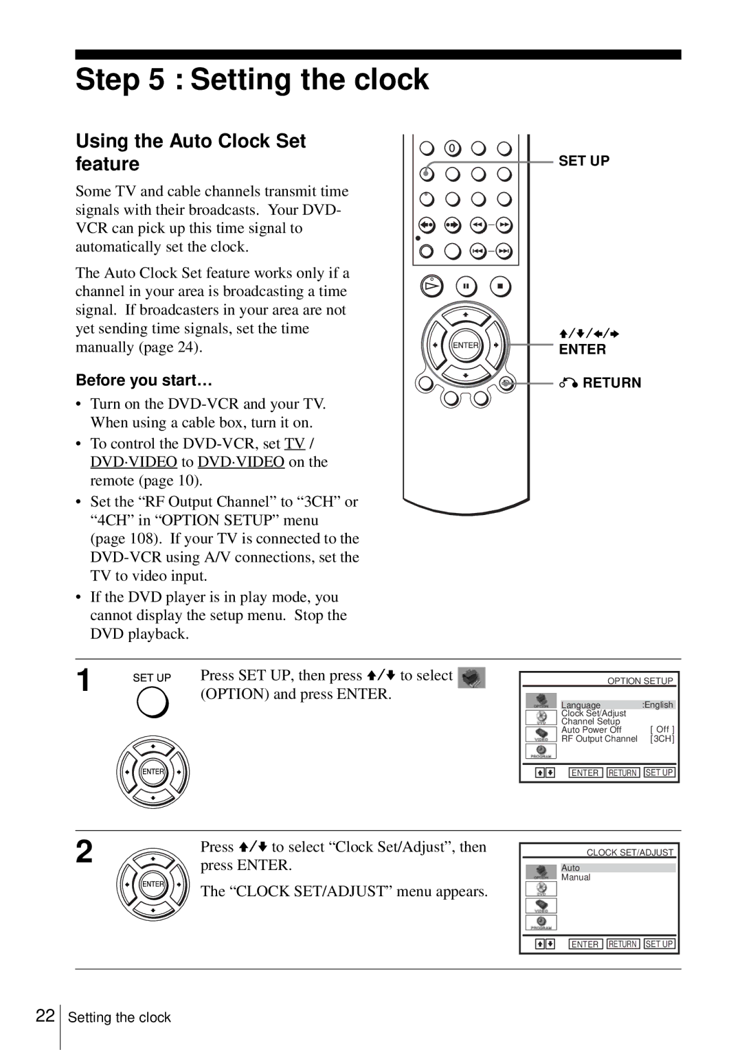 Sony D350P Setting the clock, Using the Auto Clock Set feature, Press V/v to select Clock Set/Adjust, then, Press Enter 