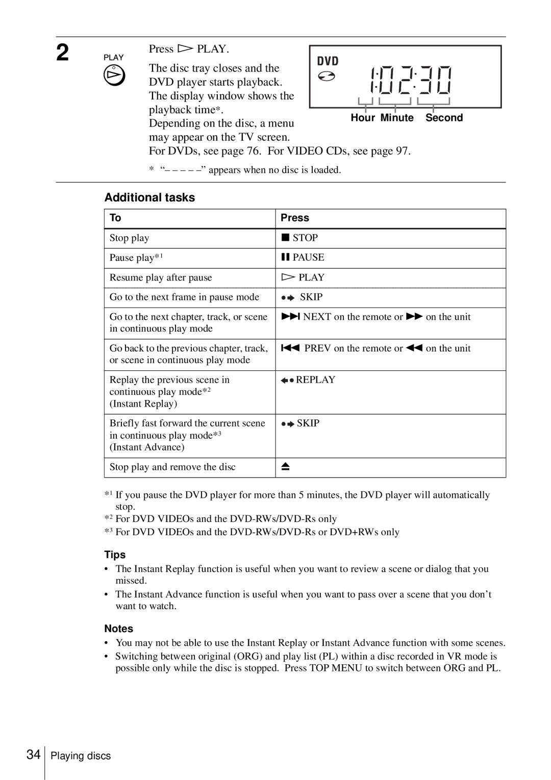 Sony D350P, SLV-D550P Depending on the disc, a menu, Additional tasks, Hour Minute Second, Press, Tips 