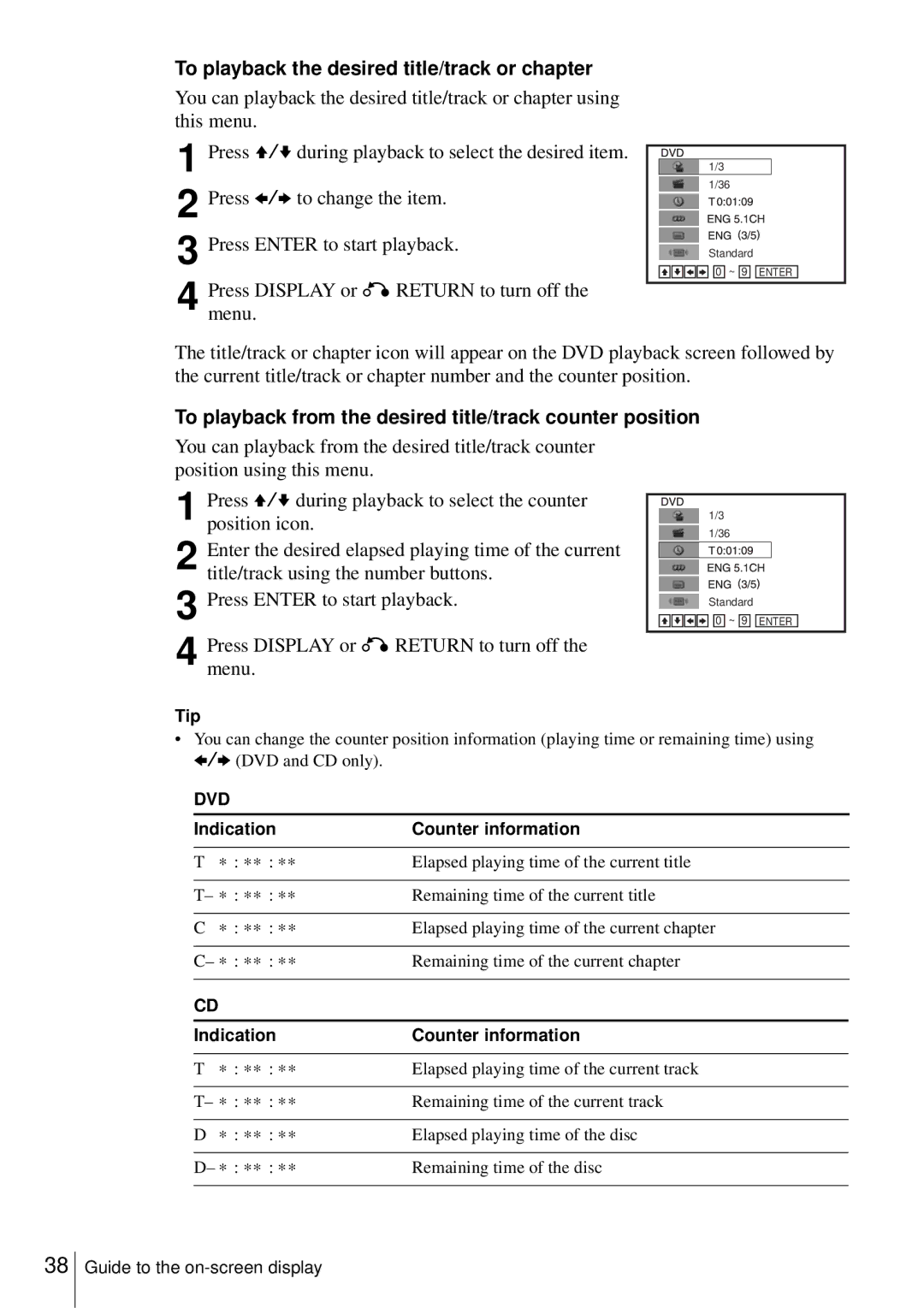 Sony D350P To playback the desired title/track or chapter, To playback from the desired title/track counter position 