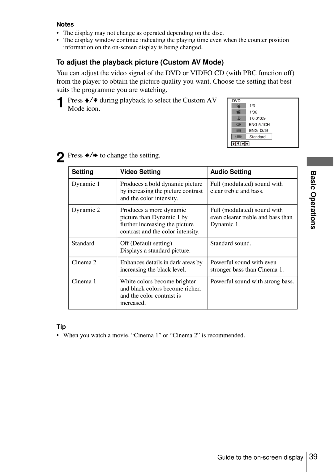 Sony SLV-D550P, D350P operating instructions To adjust the playback picture Custom AV Mode, Press B/b to change the setting 