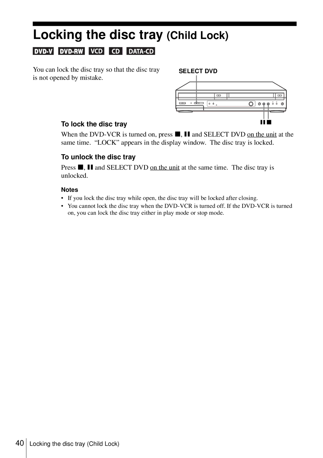 Sony D350P Locking the disc tray Child Lock, You can lock the disc tray so that the disc tray, Is not opened by mistake 