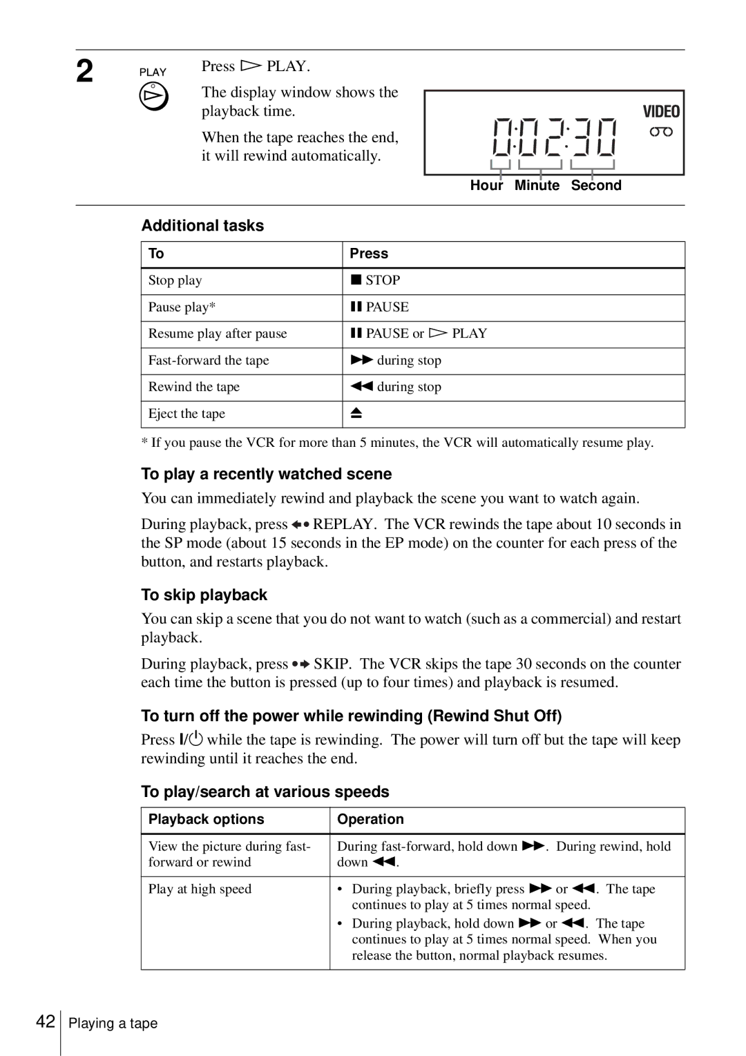 Sony D350P, SLV-D550P It will rewind automatically, To play a recently watched scene, To skip playback 