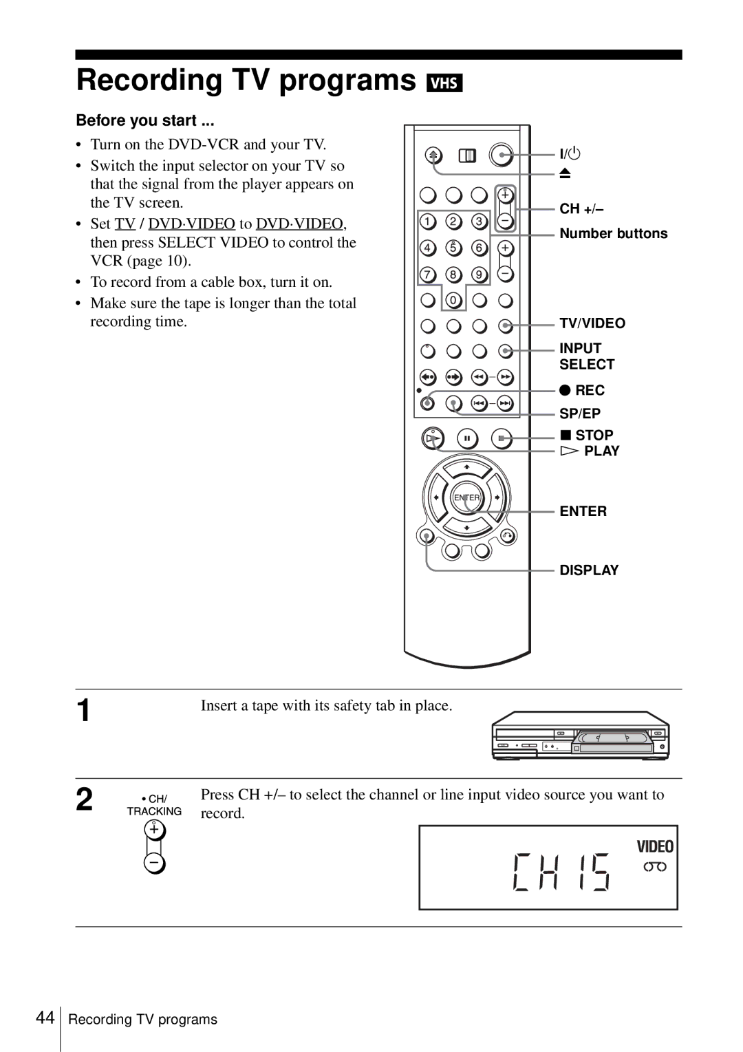 Sony D350P, SLV-D550P operating instructions Recording TV programs, Ch +, Stop 