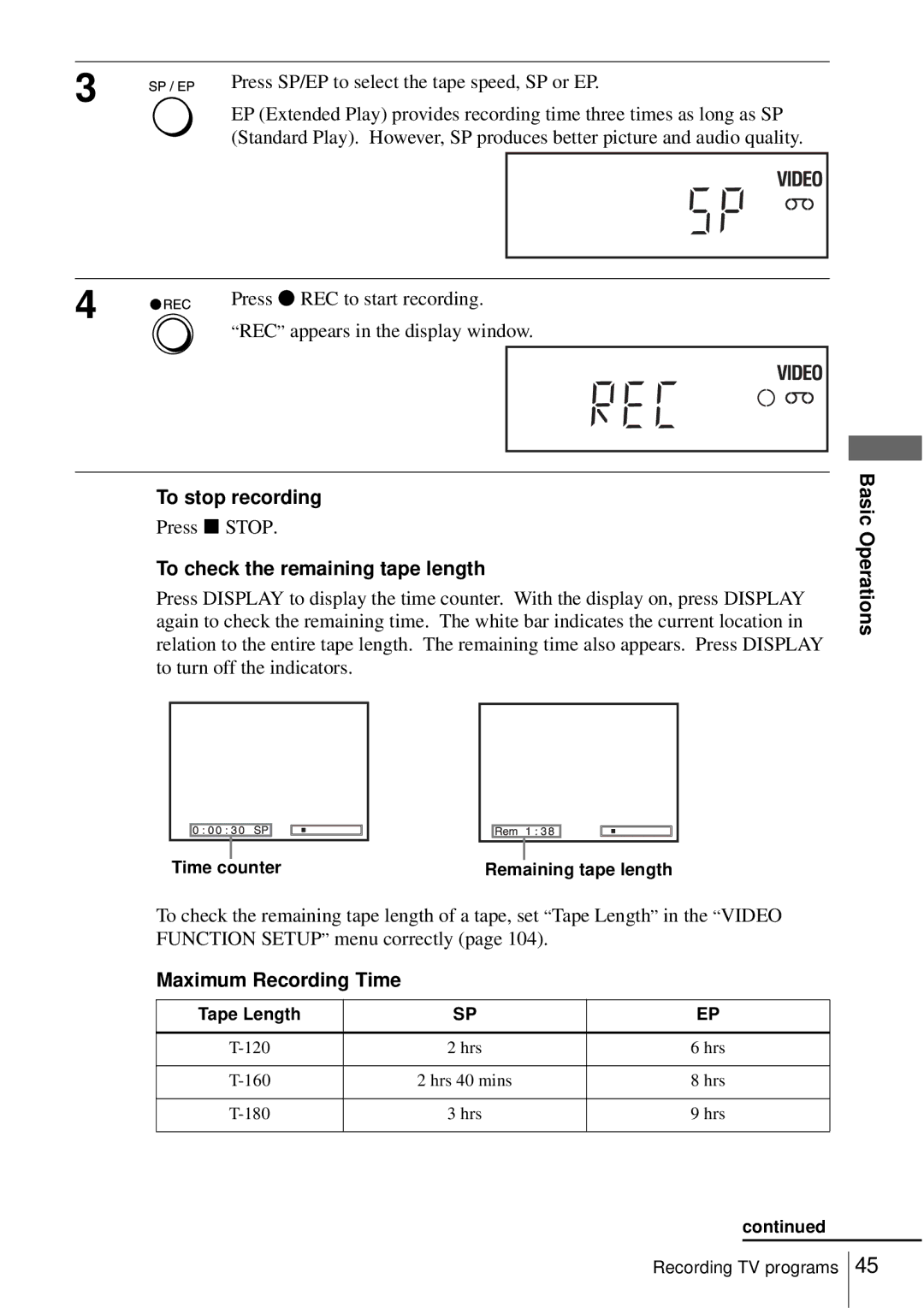 Sony SLV-D550P, D350P To stop recording, Press x Stop, To check the remaining tape length, Maximum Recording Time 