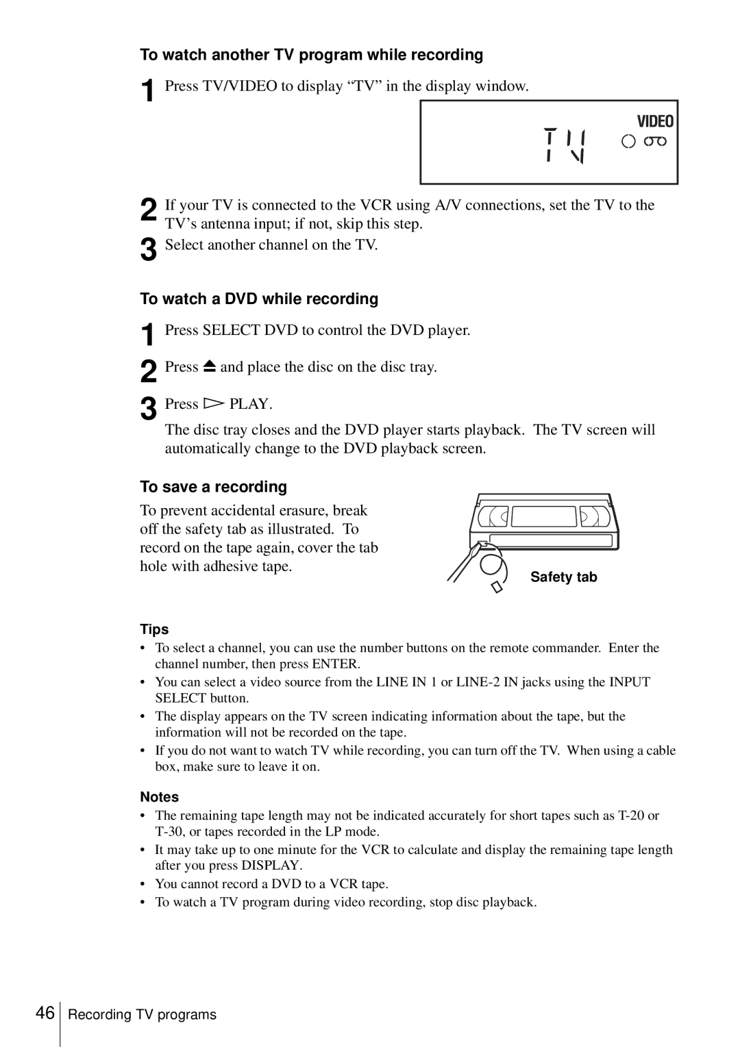 Sony D350P, SLV-D550P To watch another TV program while recording, To watch a DVD while recording, To save a recording 